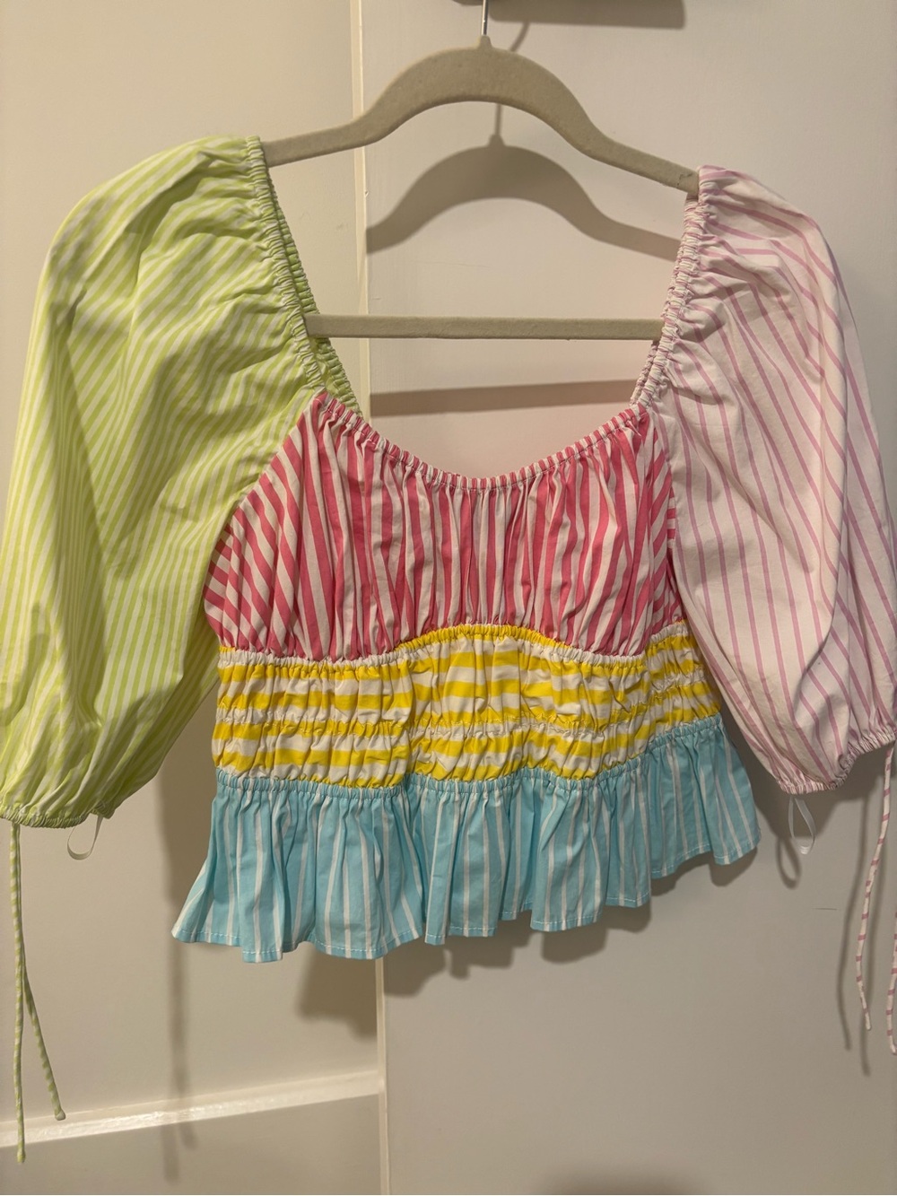 STAUD Striped Multi-Color Peasant Crop Top